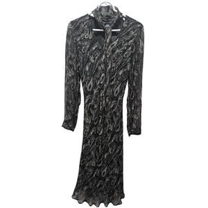 B Moss 100% Silk Paisley Tie Neck Midi Dress 4 Black Goth Fairycore 2010s